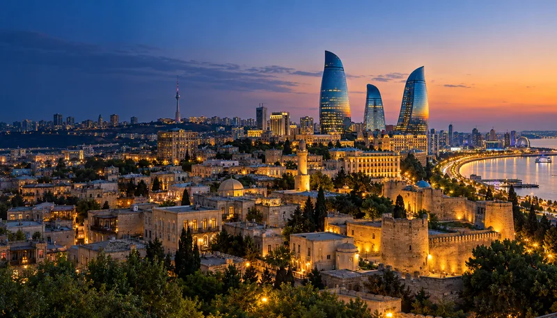 Baku skyline and the Caspian waterfront at dusk